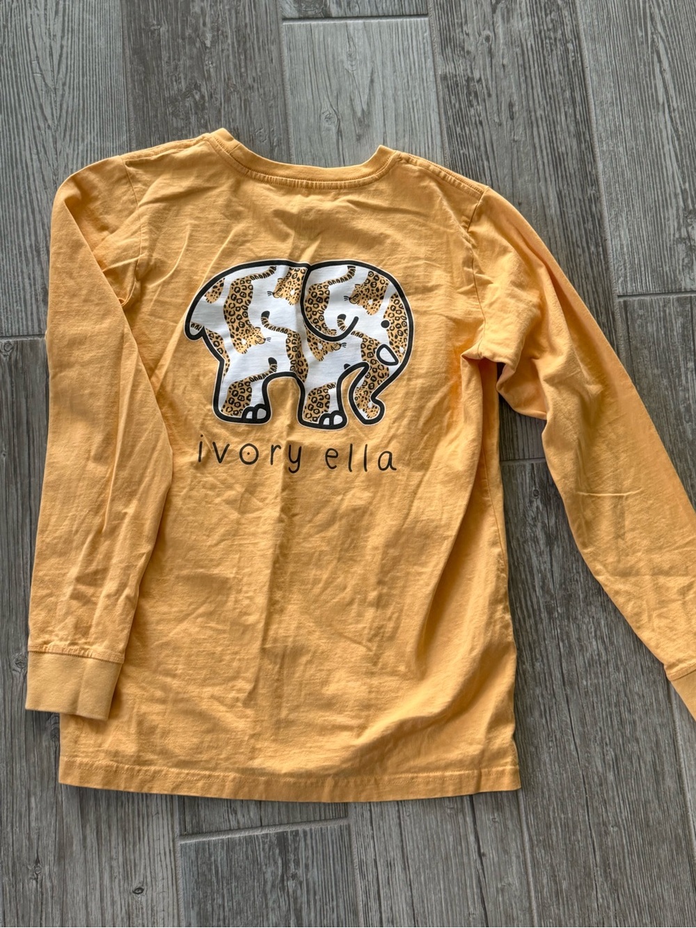 Ivory Ella Long Sleeve Tee in Mustard Yellow with Leopard Elephant - size Xs